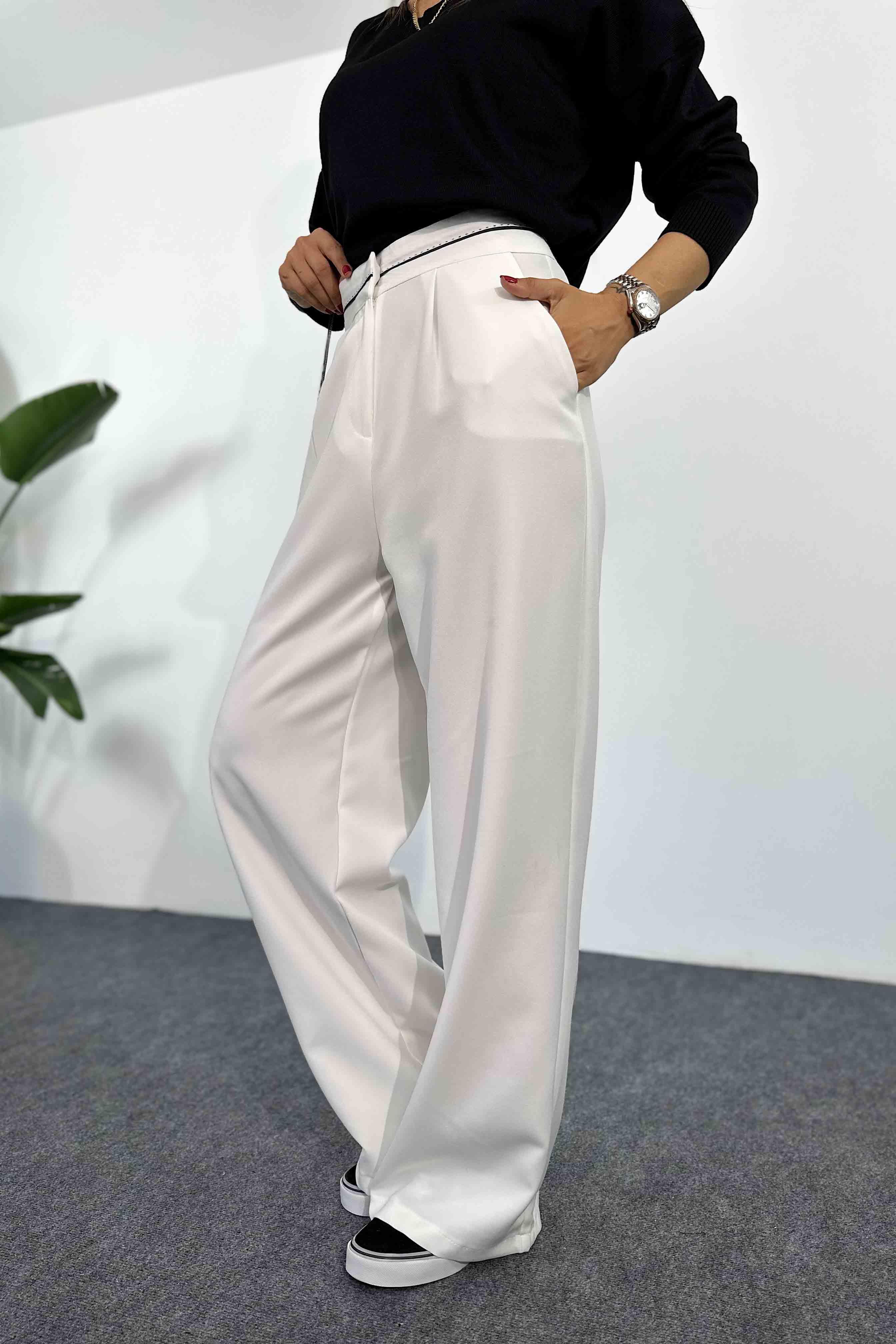 Tasarım Beli Ekru Kemerli Palazzo Pantolon Beyaz · 7