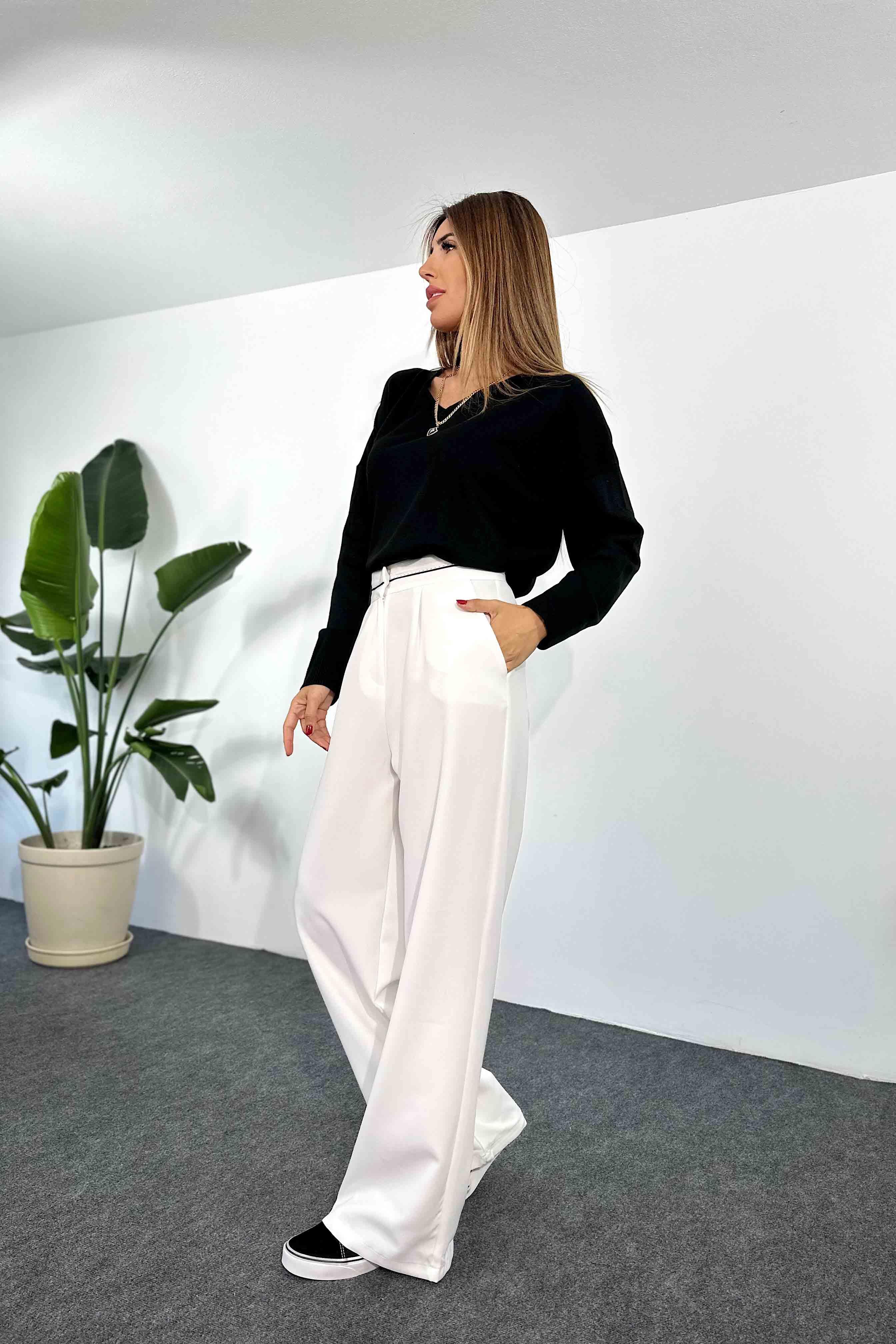 Tasarım Beli Ekru Kemerli Palazzo Pantolon Beyaz · 4