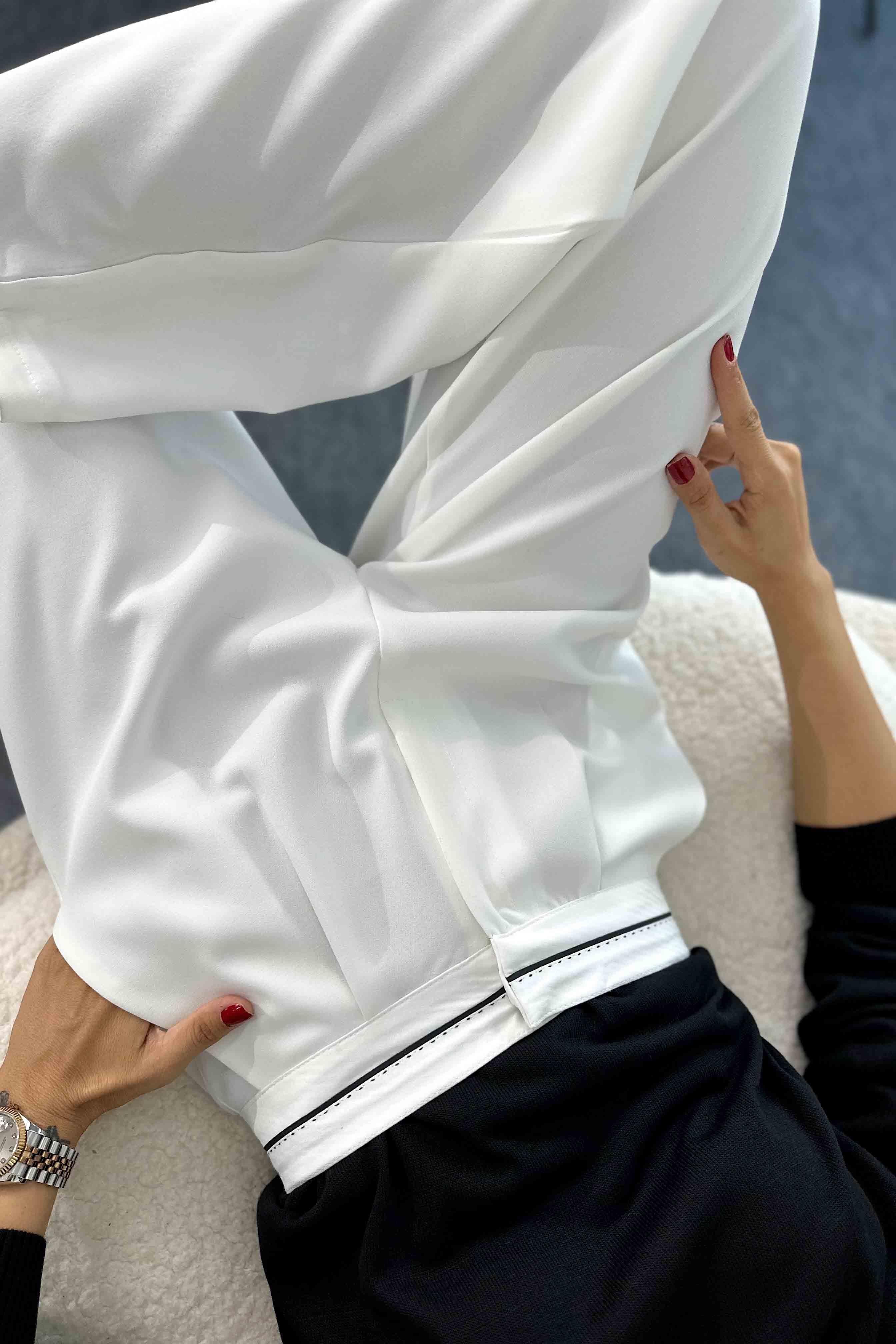 Tasarım Beli Ekru Kemerli Palazzo Pantolon Beyaz · 2