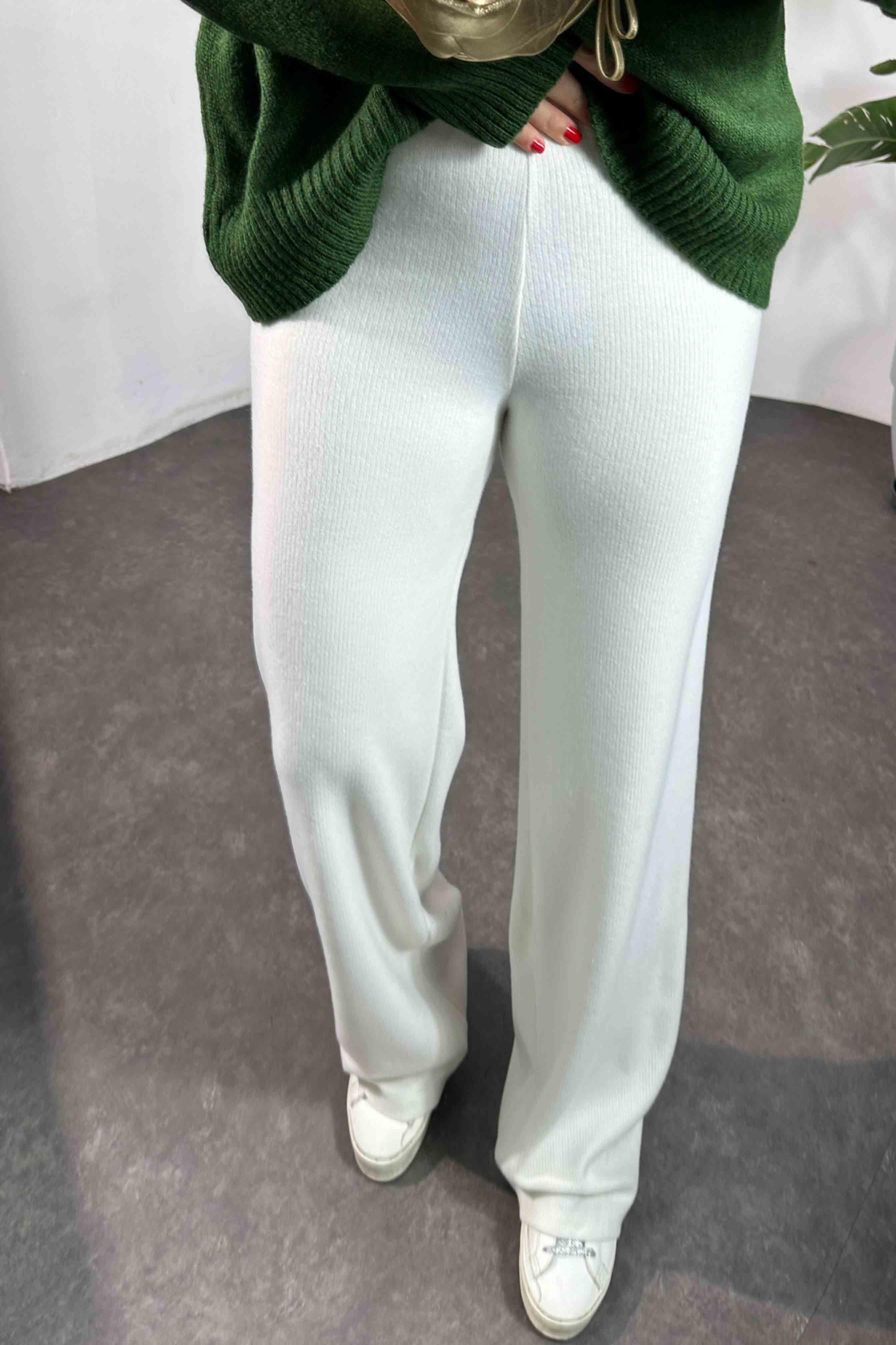 Yüksek Bel Triko Pantolon Beyaz