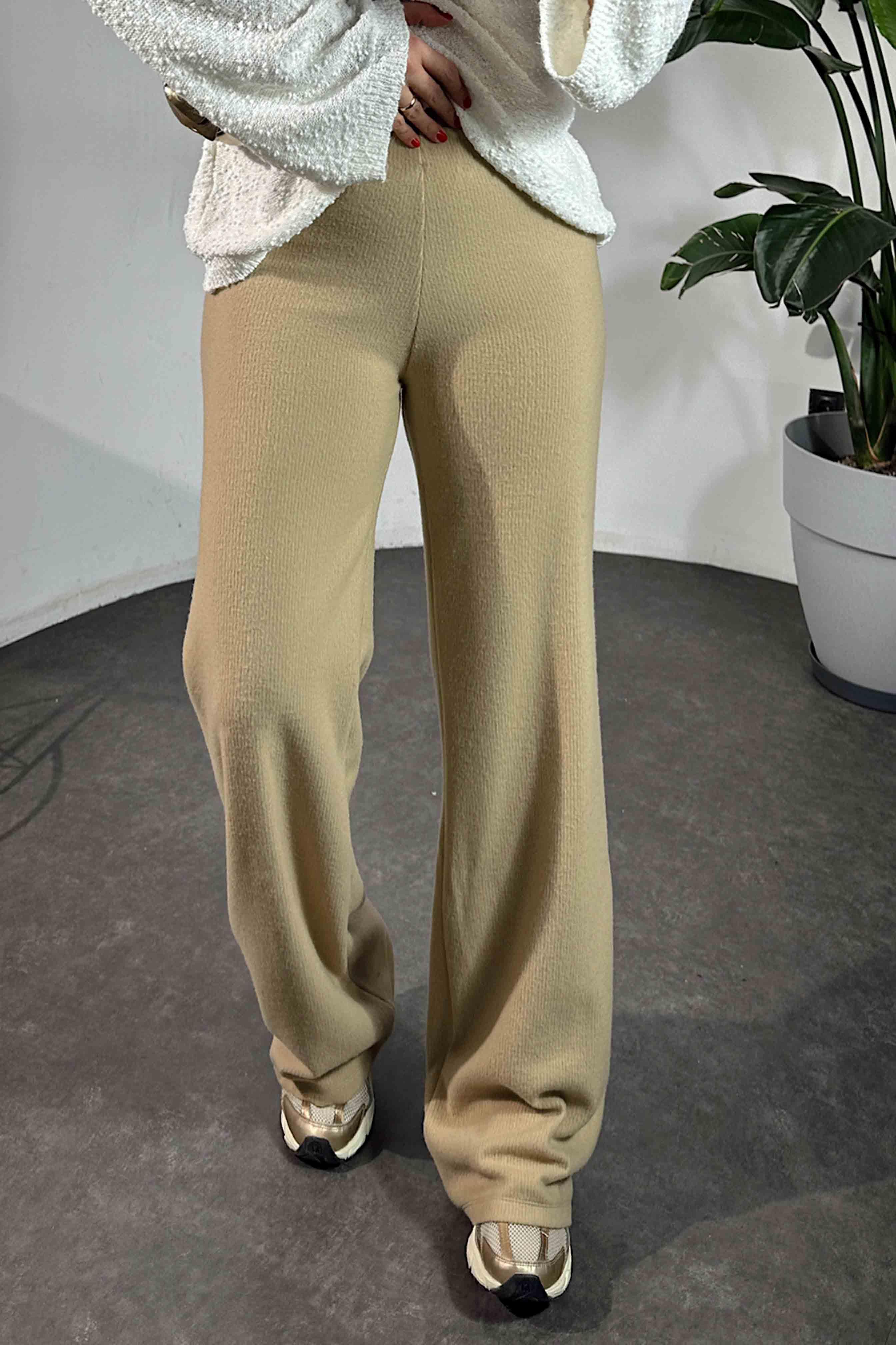 Yüksek Bel Triko Pantolon Camel