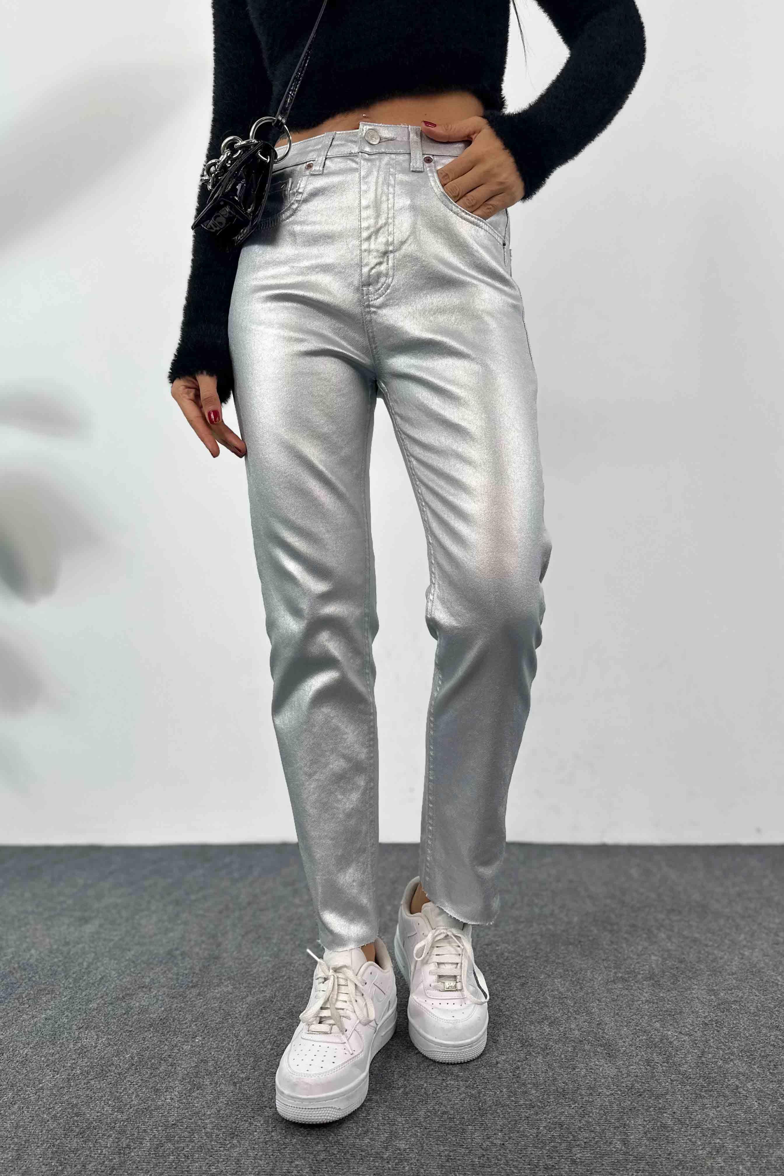 Yüksek Bel Varaklı Tasarım Kadın Jean Pantolon Silver