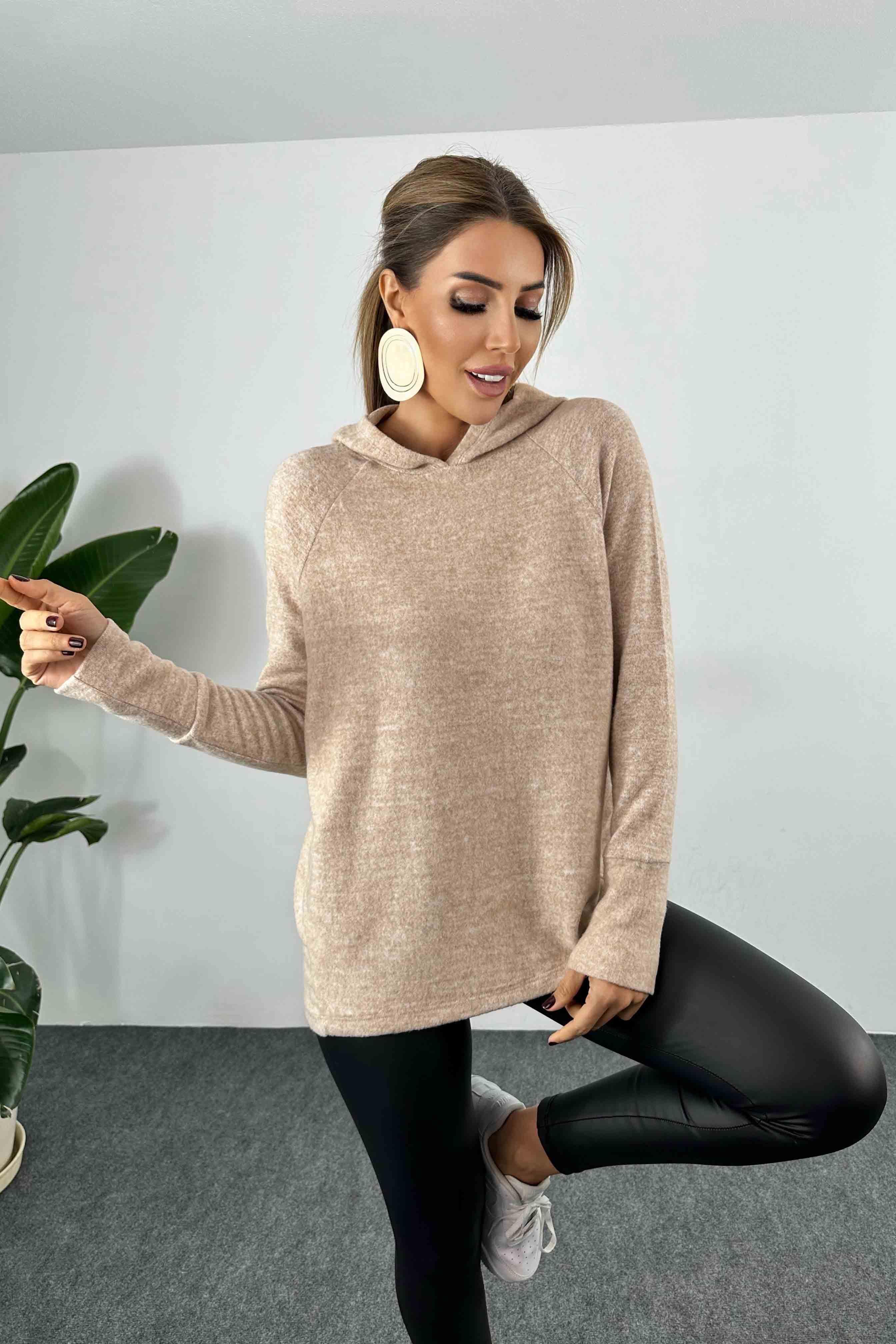 Yumoş Kumaş Kapüşonlu Kadın Sweatshirt Sütlü Kahve