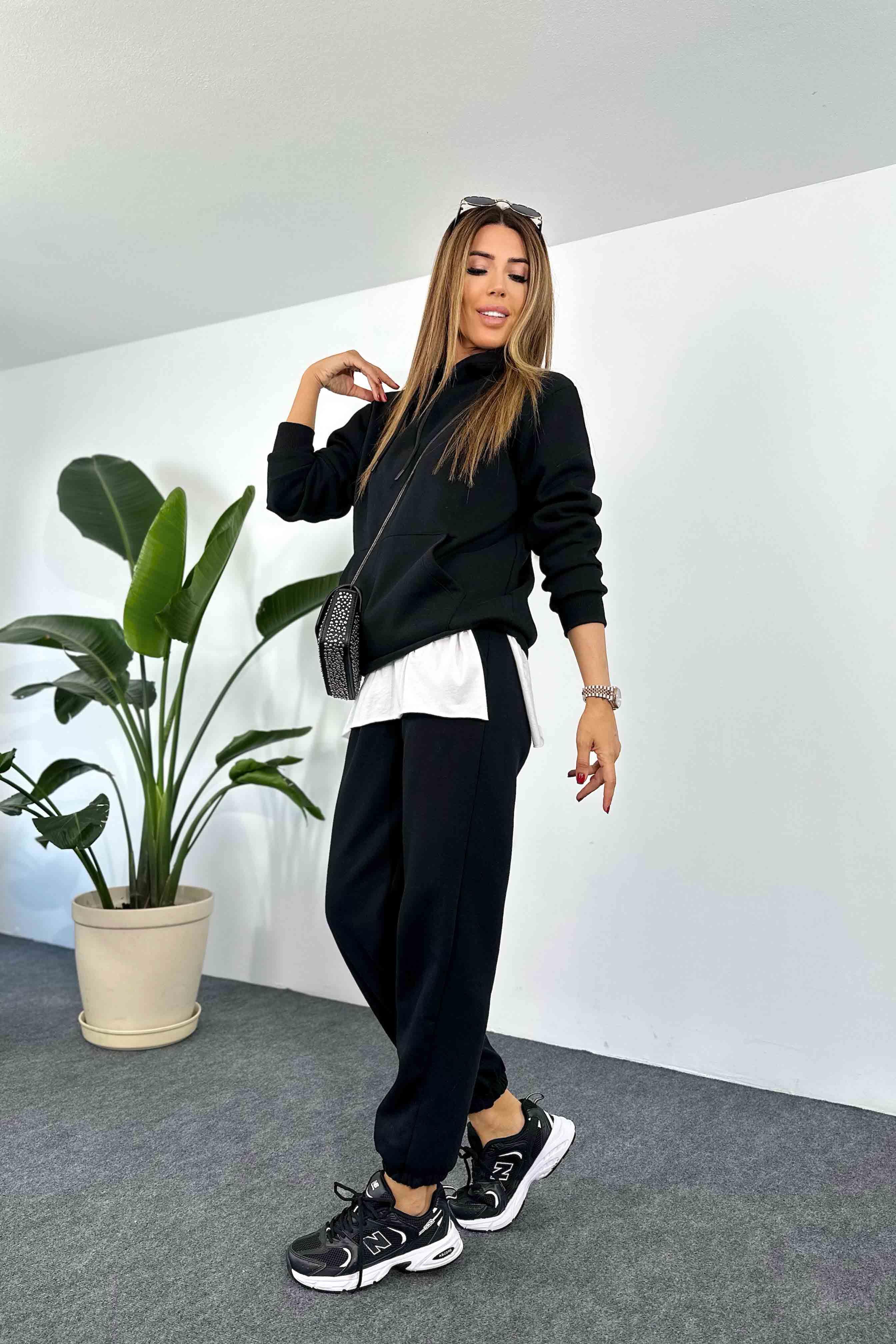 Yumoş Kumaş Şardonlu Kadın Eşofman Takım Siyah