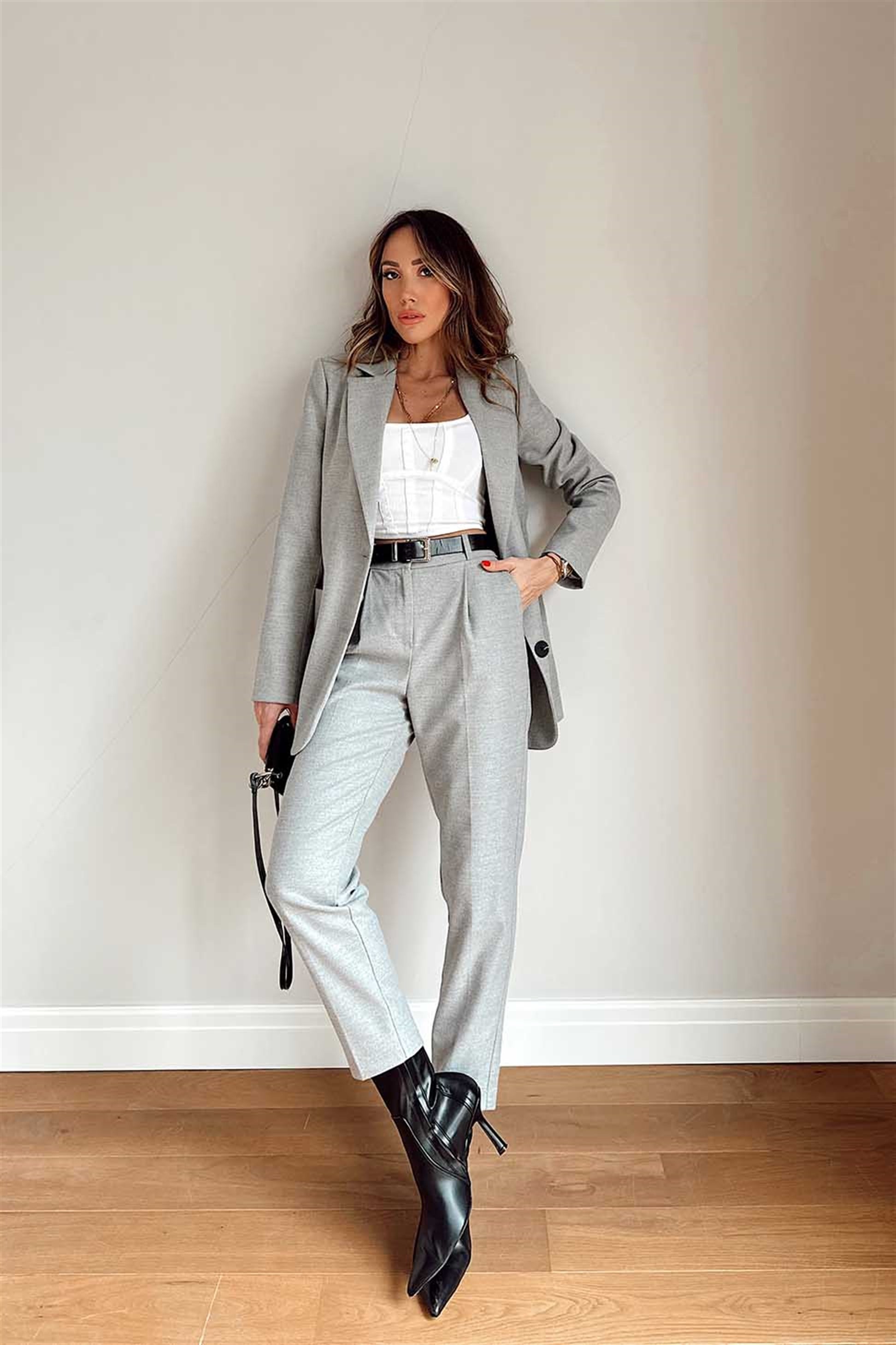 Yünlü Blazer Ceket Pantolon Kadın Takım Gri