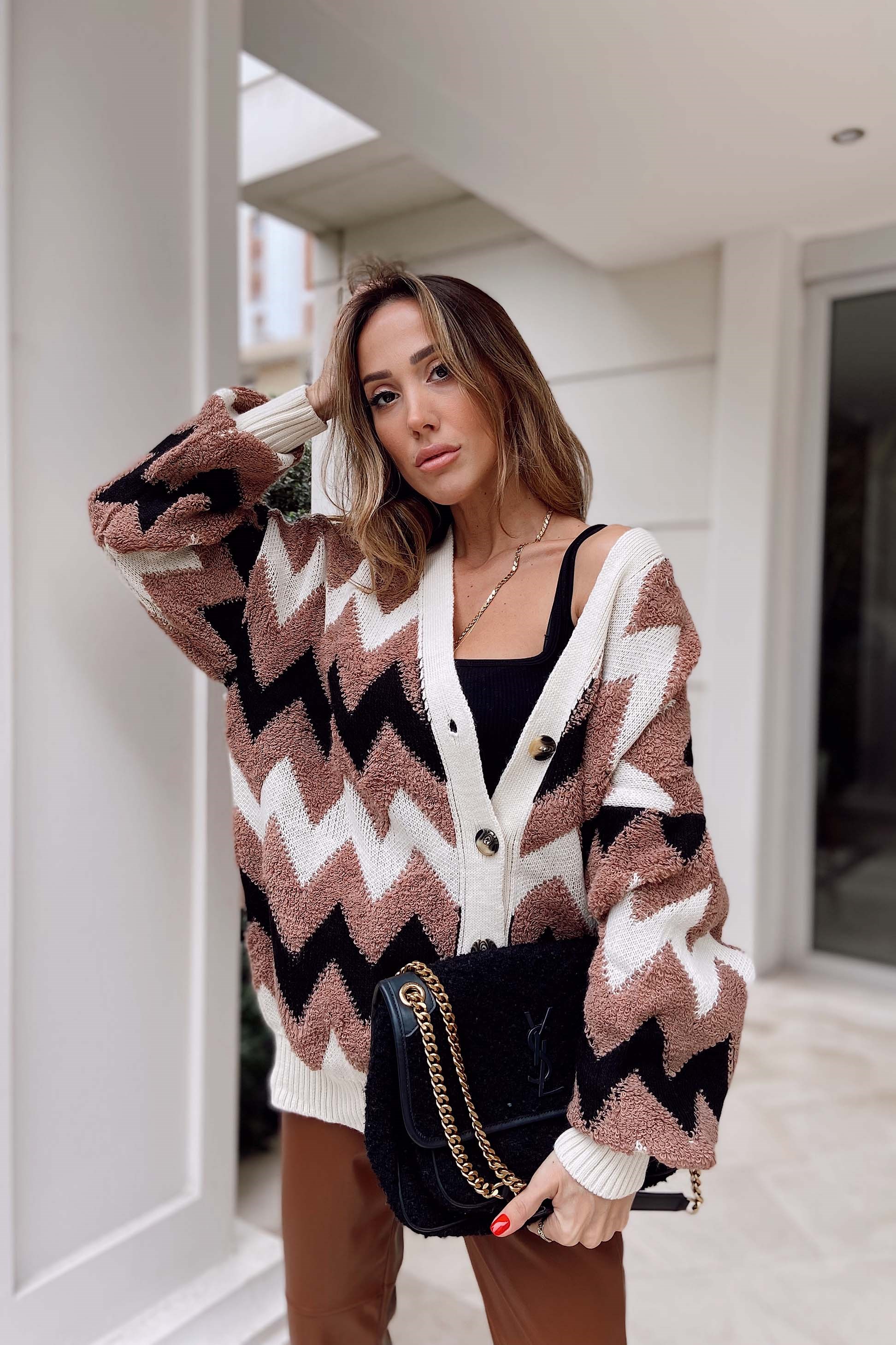 Zigzag Desenli Oversize Salaş Hırka Krem Vizon