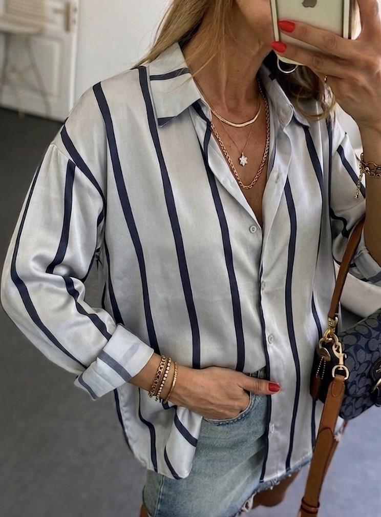 ZR Model Lacivert Çizgili Saten Gömlek 