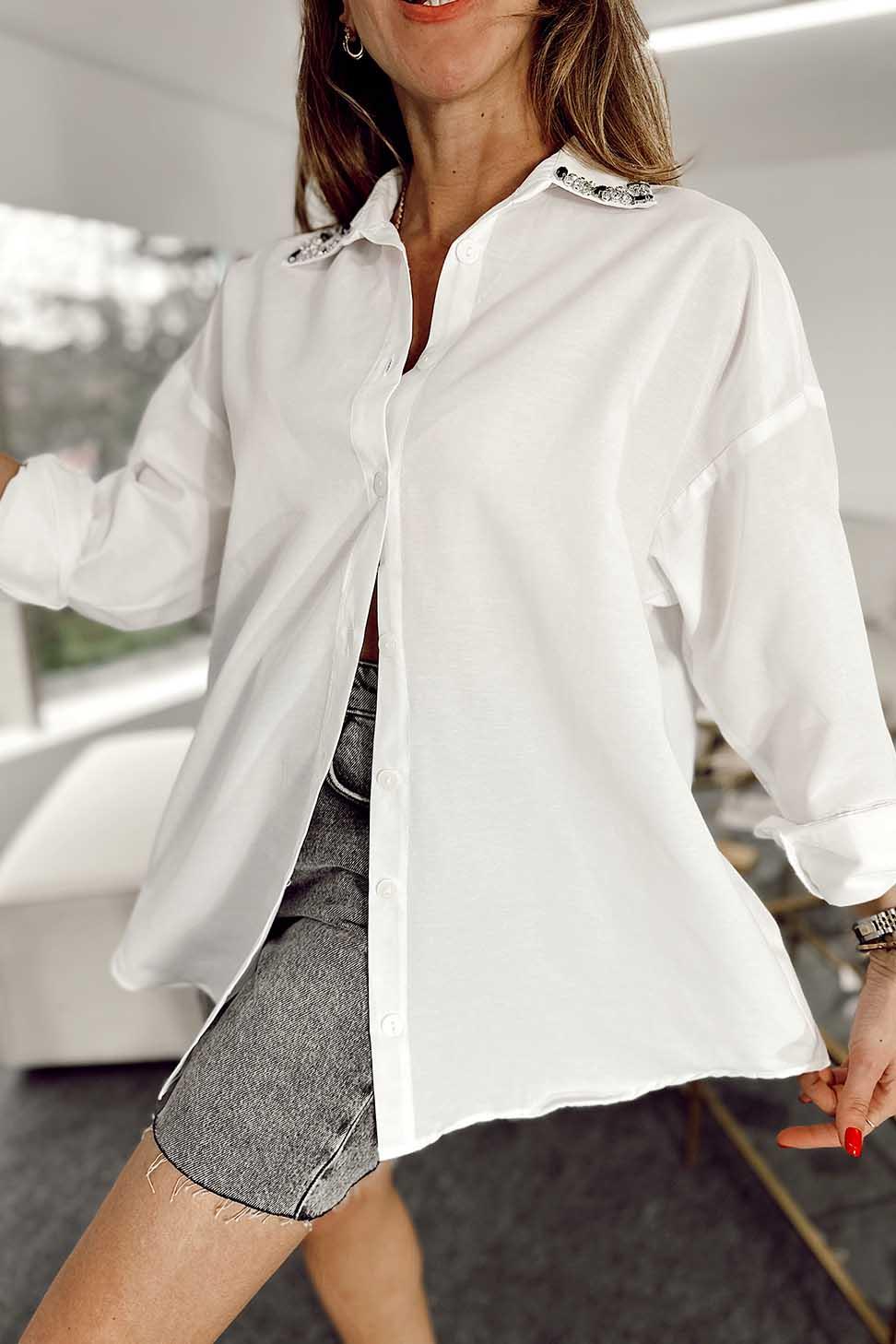 Poplin Kumaş Yakaası Taşlı Tasarım Kadın Gömlek Beyaz