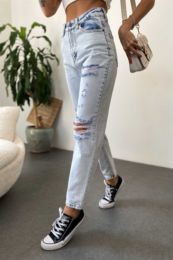 Ultra Yüksek Bel Mom Jean Yırtık Pantolon Açık Mavi - Butik Gardrop