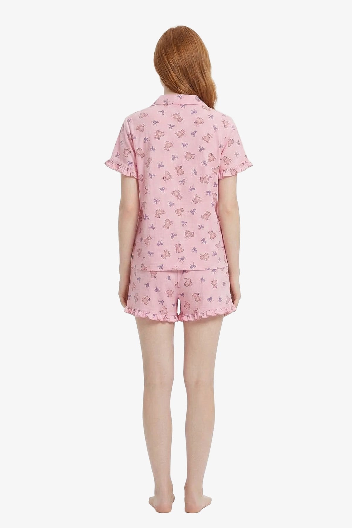 Pudra Ayıcık Desenli Bürümcük Gömlek Yaka Kadın Şortlu Pijama Takımı