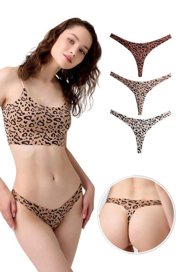 Basic Desenli Lazer Kesim Kadın Tanga Külot 3lü Paket-2