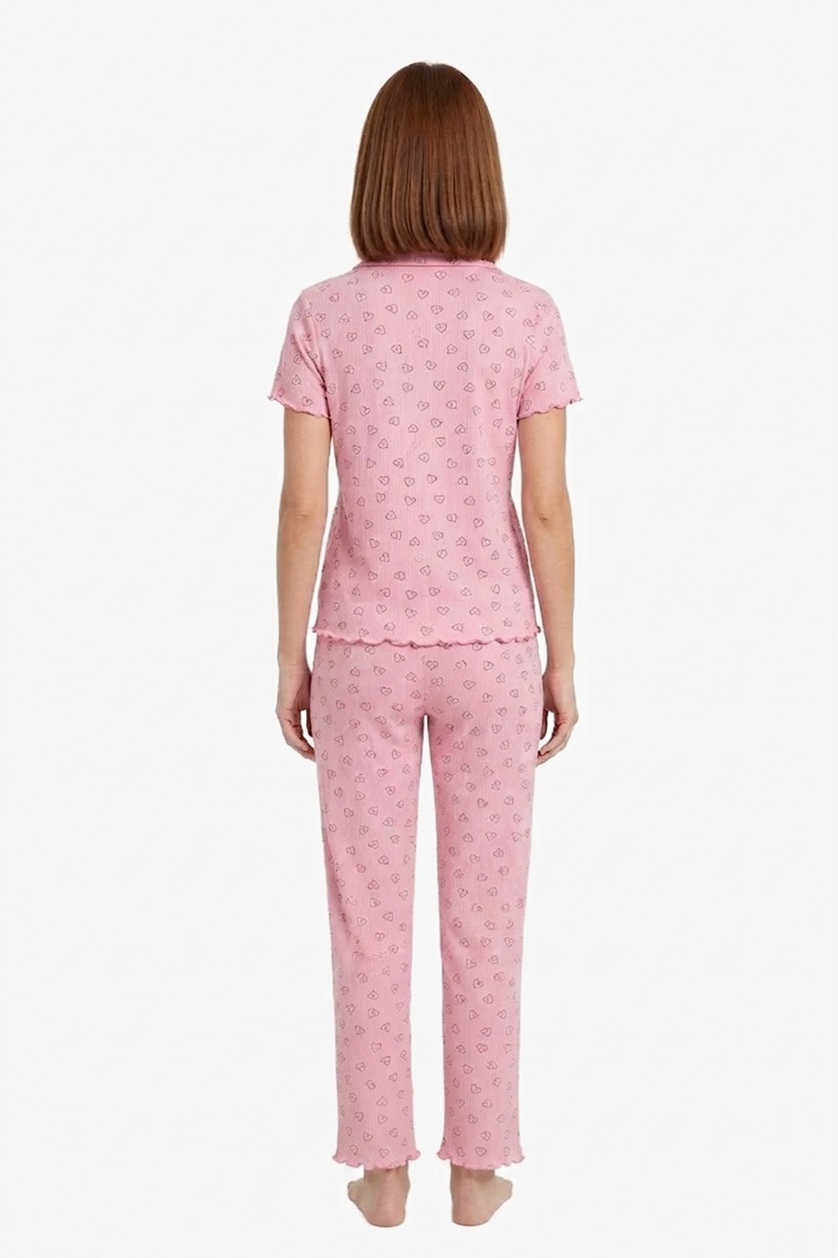 Pudra Kalp Desenli Pointel Gömlek Yaka Kadın Pijama Takımı