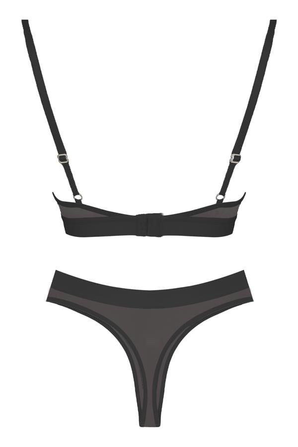 Siyah Lastik Detaylı Transparan Tüllü Ayarlanabilir Askılı Kadın Sütyen Takımı