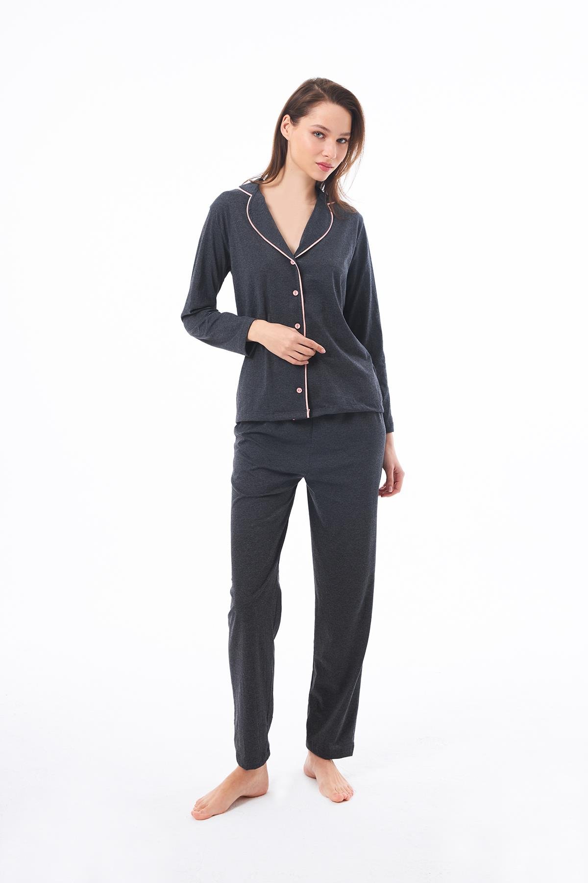 Antrasit Önden Düğmeli Pamuklu Kadın Pijama Takımı