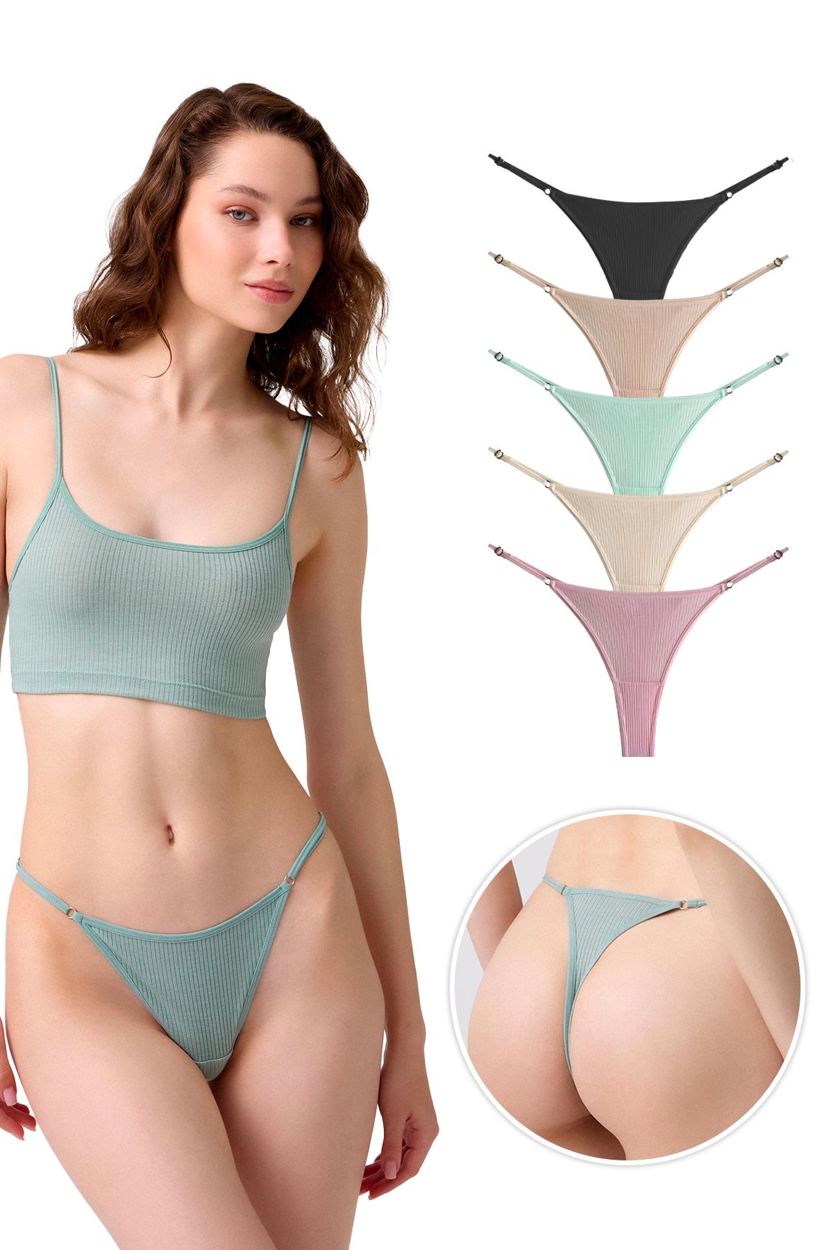 Pamuklu ve Likralı Ayarlanabilir Lastikli Kaşkorse Fitilli Kadın Tanga Külot 5li Paket