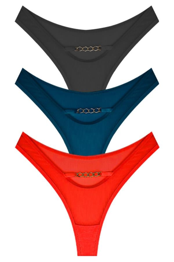 Tüllü Transparan Zincir Detaylı Kadın Brezilya Külot 3lü Paket-2