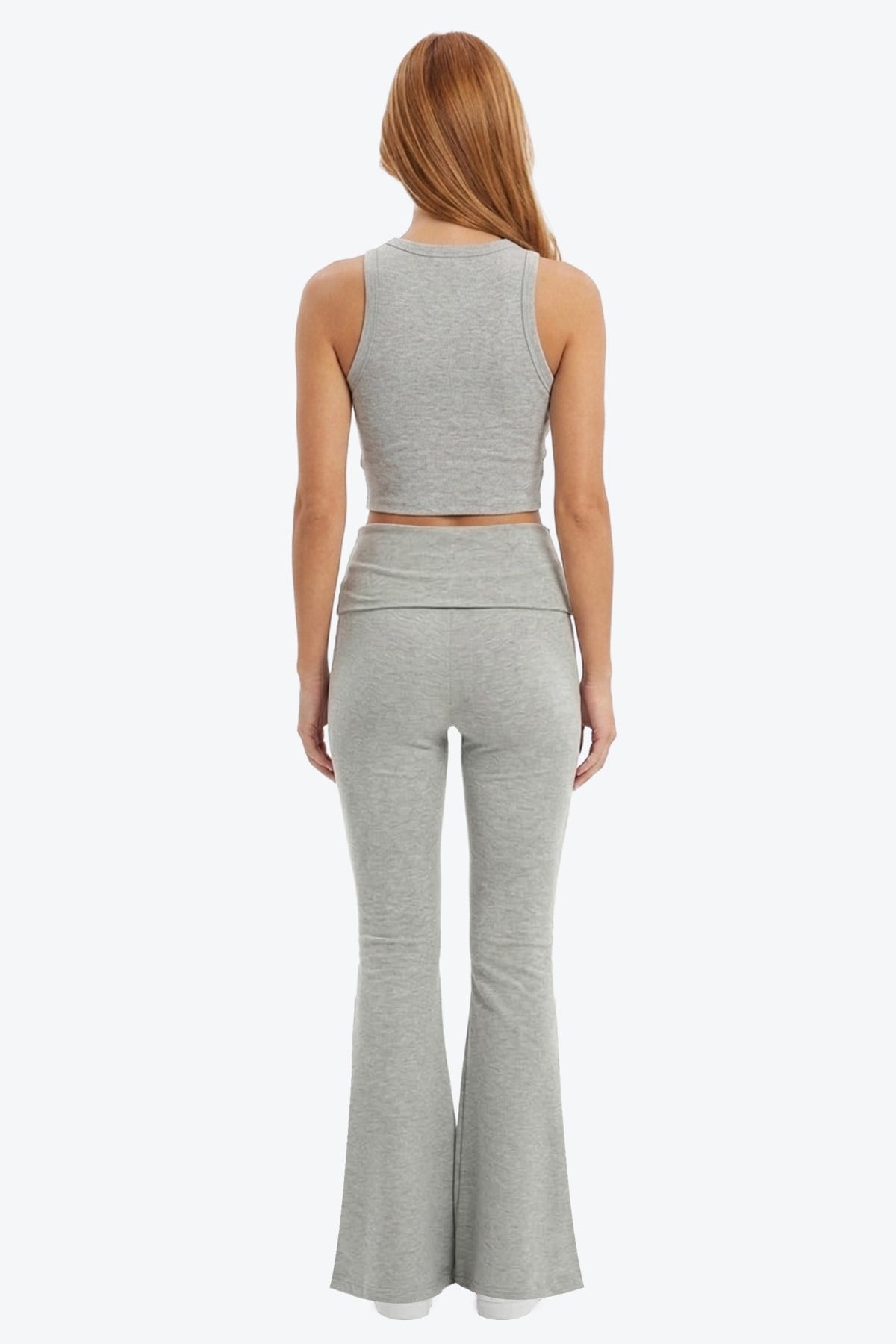 Gri Melanj Viskon Yüksek Bel Kemer Detaylı İspanyol Paça Kadın Pantolon Flared