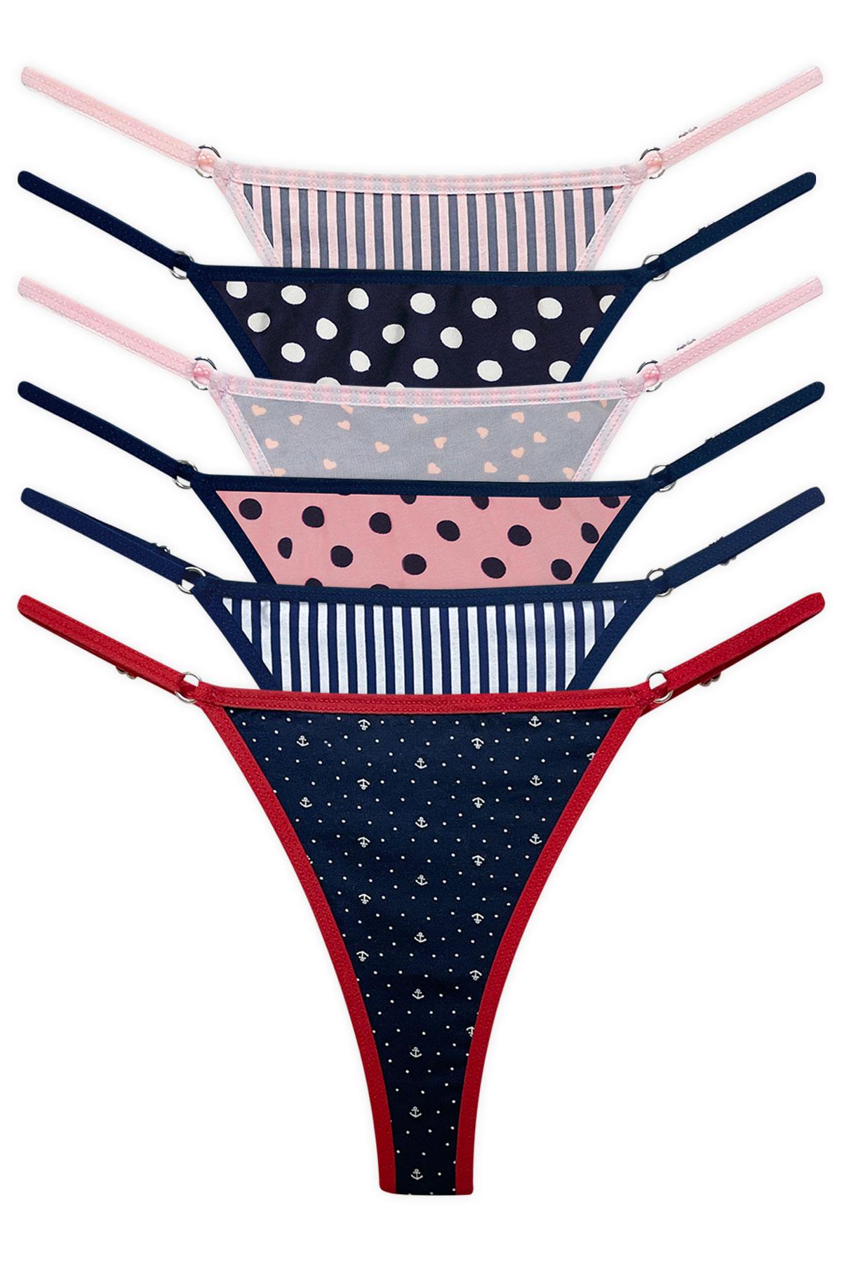 Desenli Basic Pamuklu Beli Ayarlanır Kadın Tanga Külot 6lı Paket
