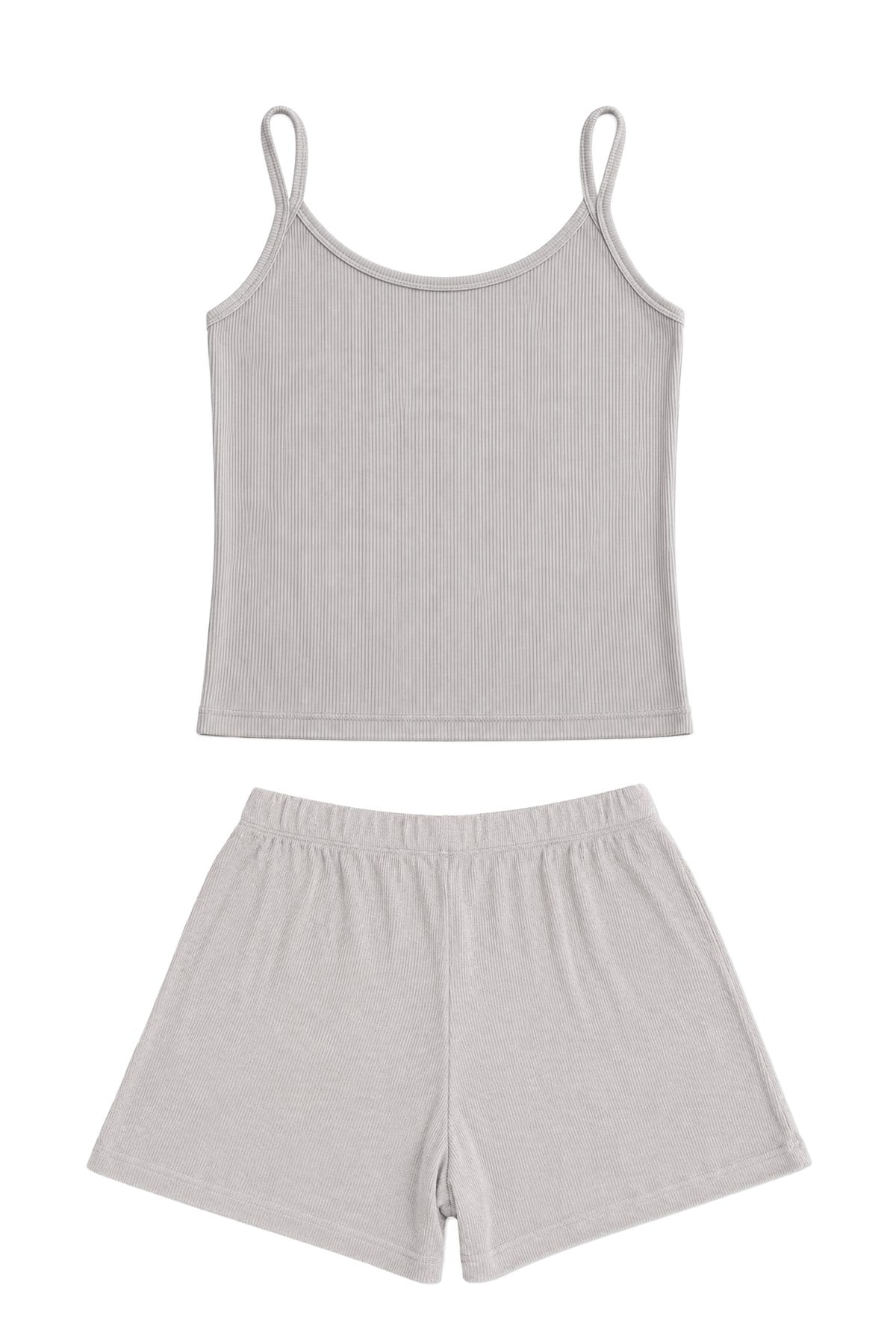 Premium - Neat Collection | Gri Rib Dokulu İnce Askılı Modal Viskon Şortlu Kadın Pijama Takımı