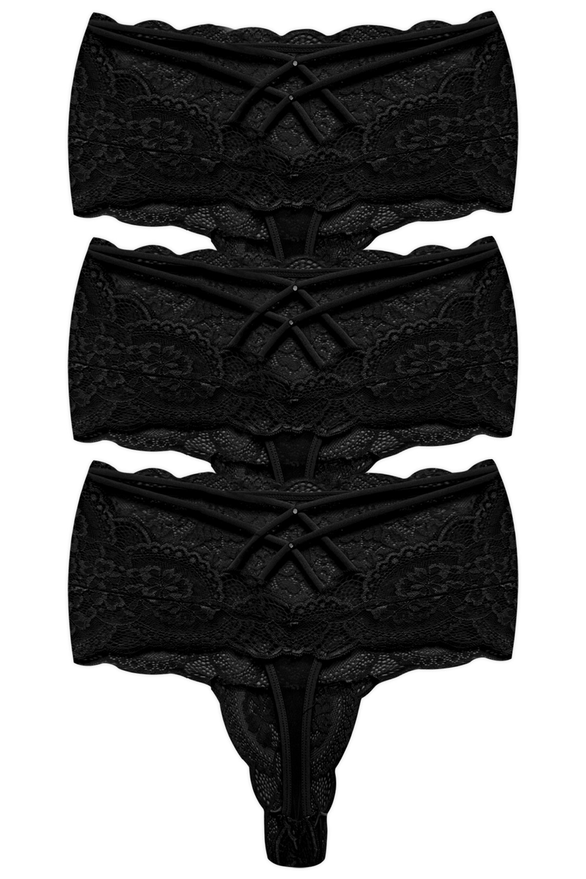 Dantelli Lastik Detaylı Yüksek Bel Kadın Tanga 3lü Paket Külot - 3