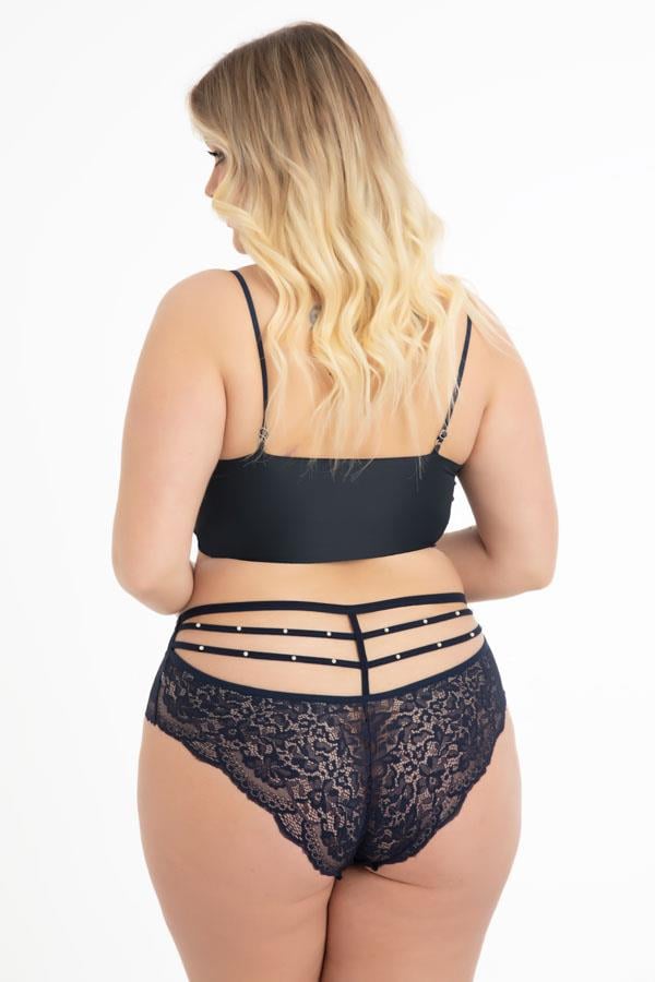 Transparan Tüllü Dantel ve Taş Detaylı Büyük Beden Kadın Bikini Külot 3lü Paket