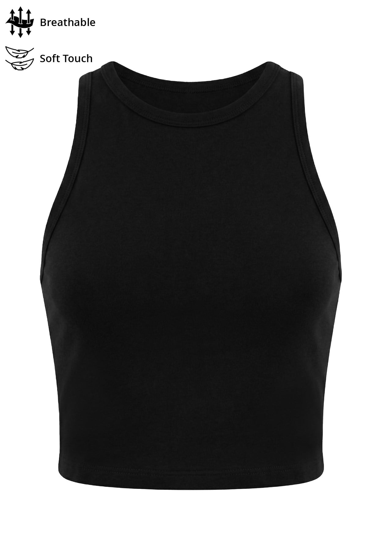 Siyah Viskon Bisiklet Yaka Kolsuz Kadın Crop Atlet