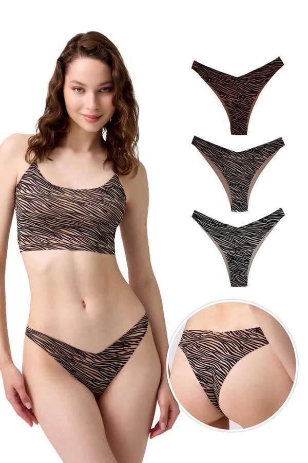 Basic Desenli Lazer Kesim Kadın Brezilya Külot 3lü Paket-1