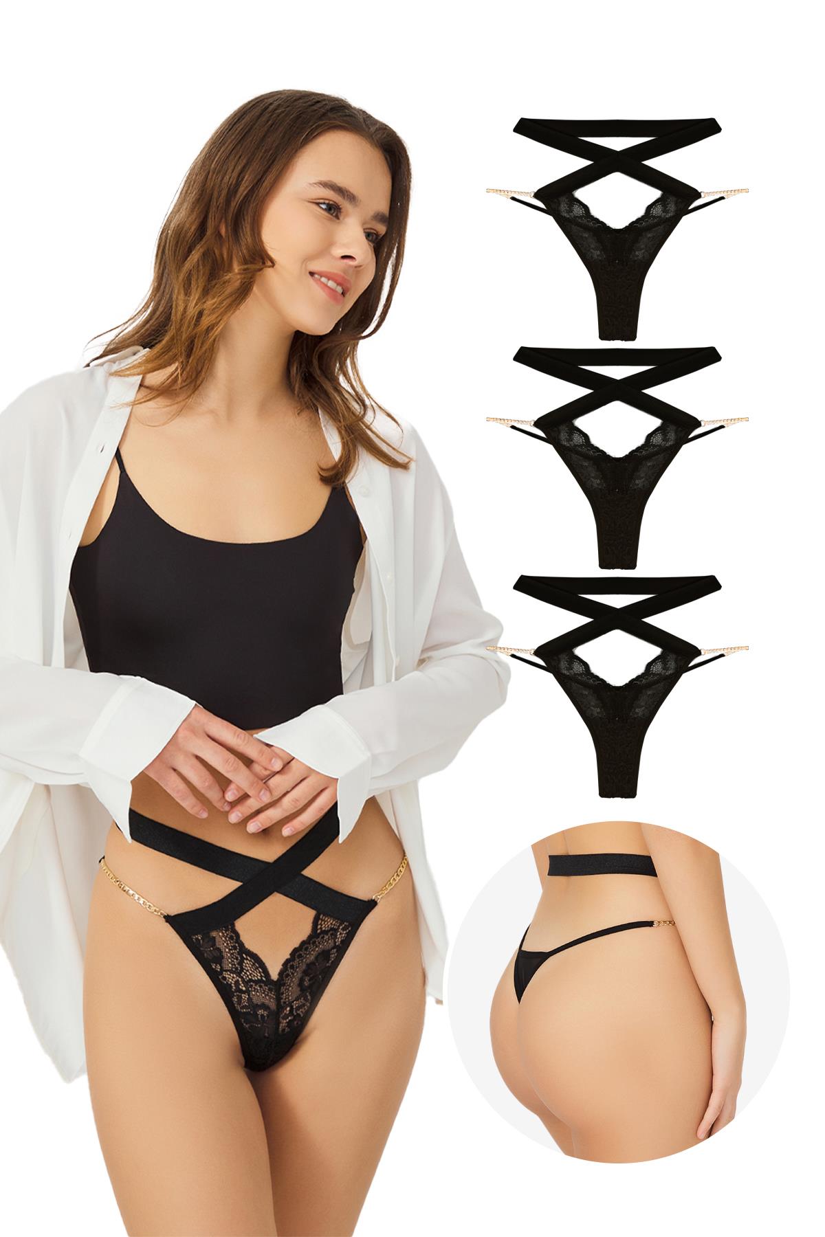 Dantelli Zincir Detaylı Kadın Tanga Külot 3lü Paket