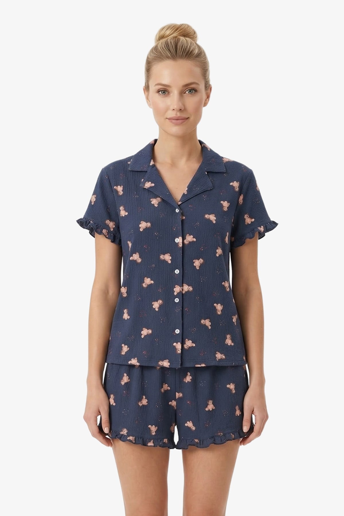 Lacivert Ayıcık Desenli Bürümcük Gömlek Yaka Kadın Şortlu Pijama Takımı