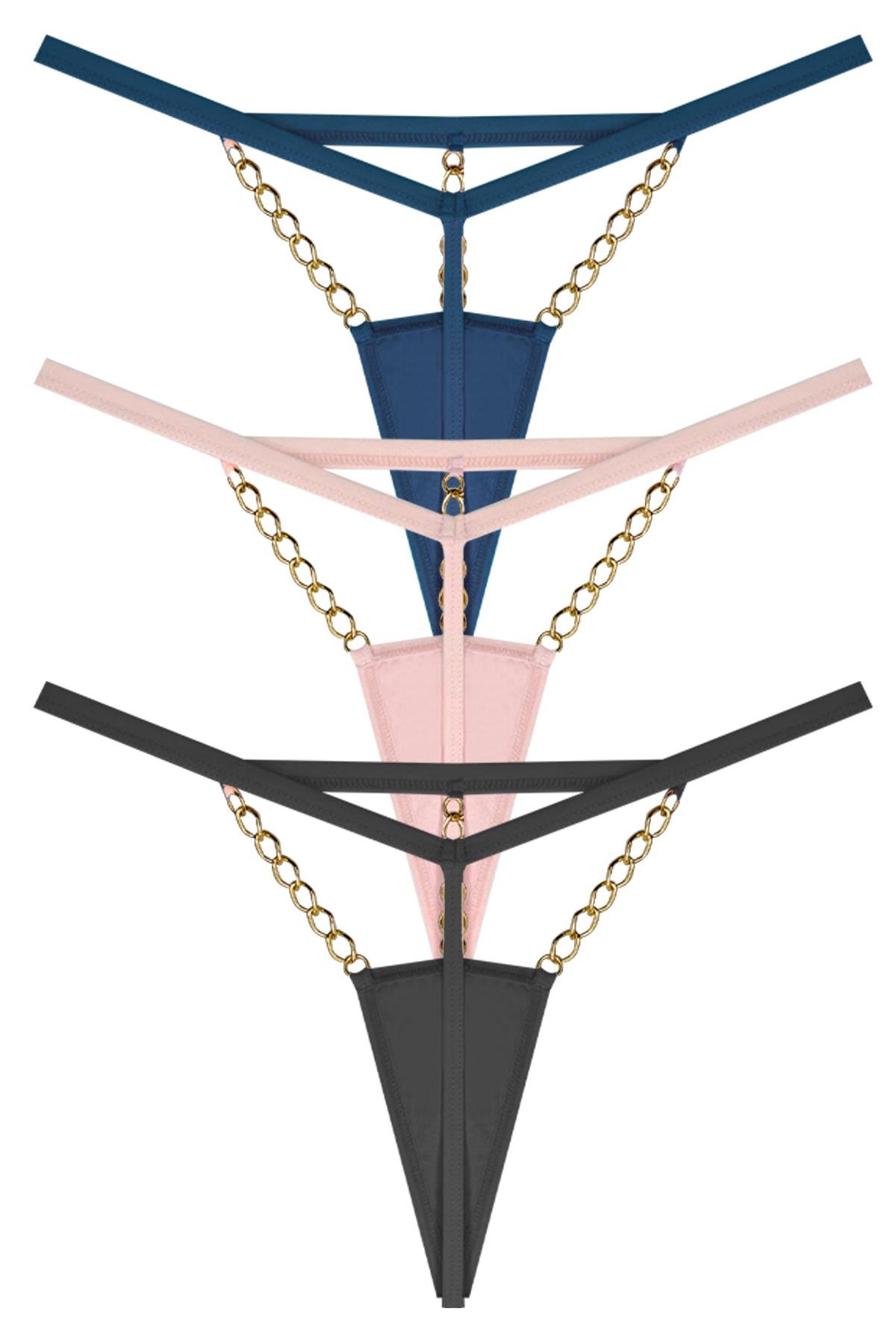 Tüllü Zincir Detaylı Kadın String Külot 3lü Paket