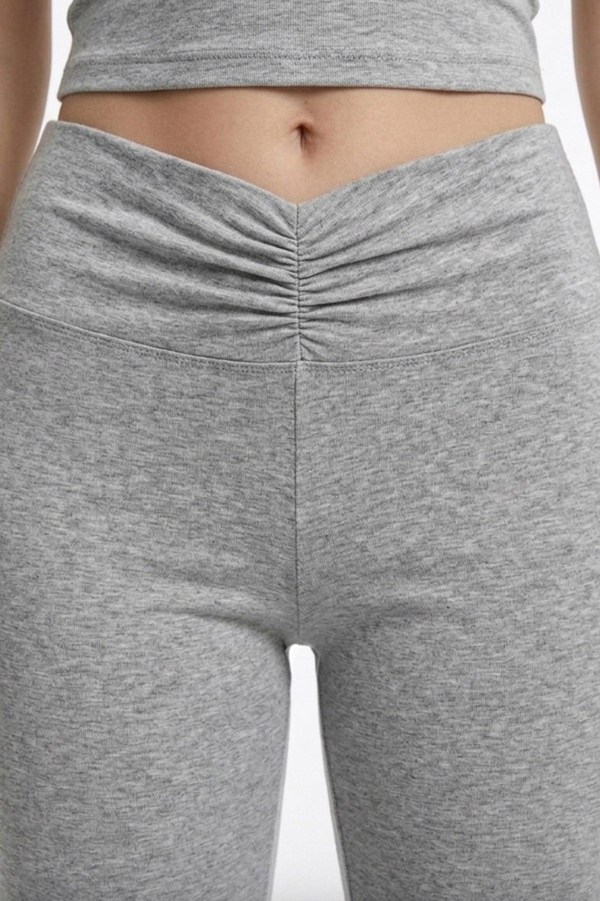 Gri Melanj Viskon Yüksek Bel Önü Büzgülü İspanyol Paça Kadın Pantolon Flared