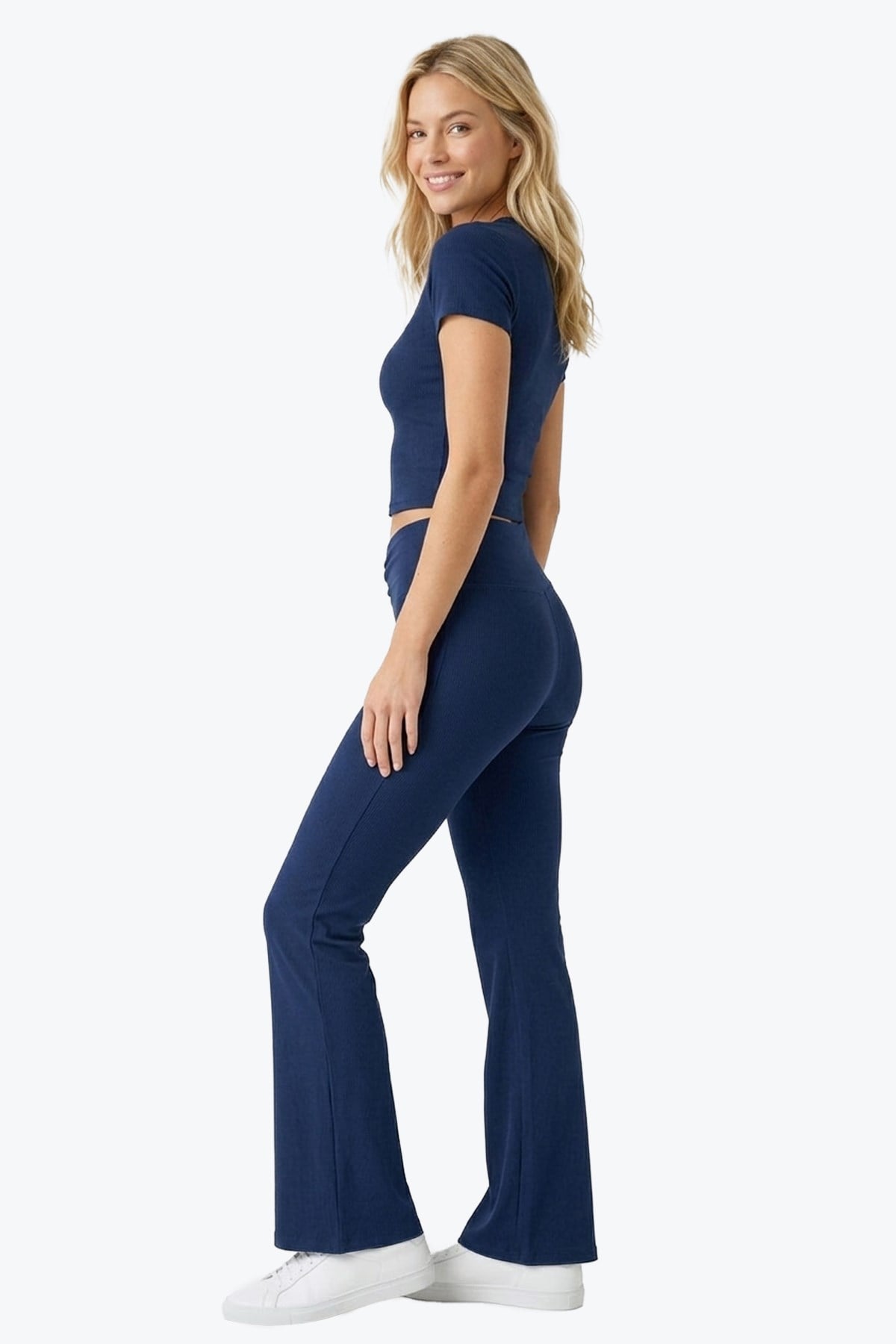 Lacivert Viskon Yüksek Bel Önü Büzgülü İspanyol Paça Kadın Pantolon Flared