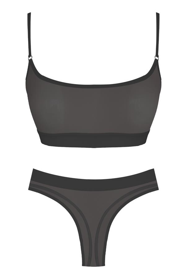 Siyah Lastik Detaylı Transparan Tüllü Ayarlanabilir Askılı Kadın Sütyen Takımı