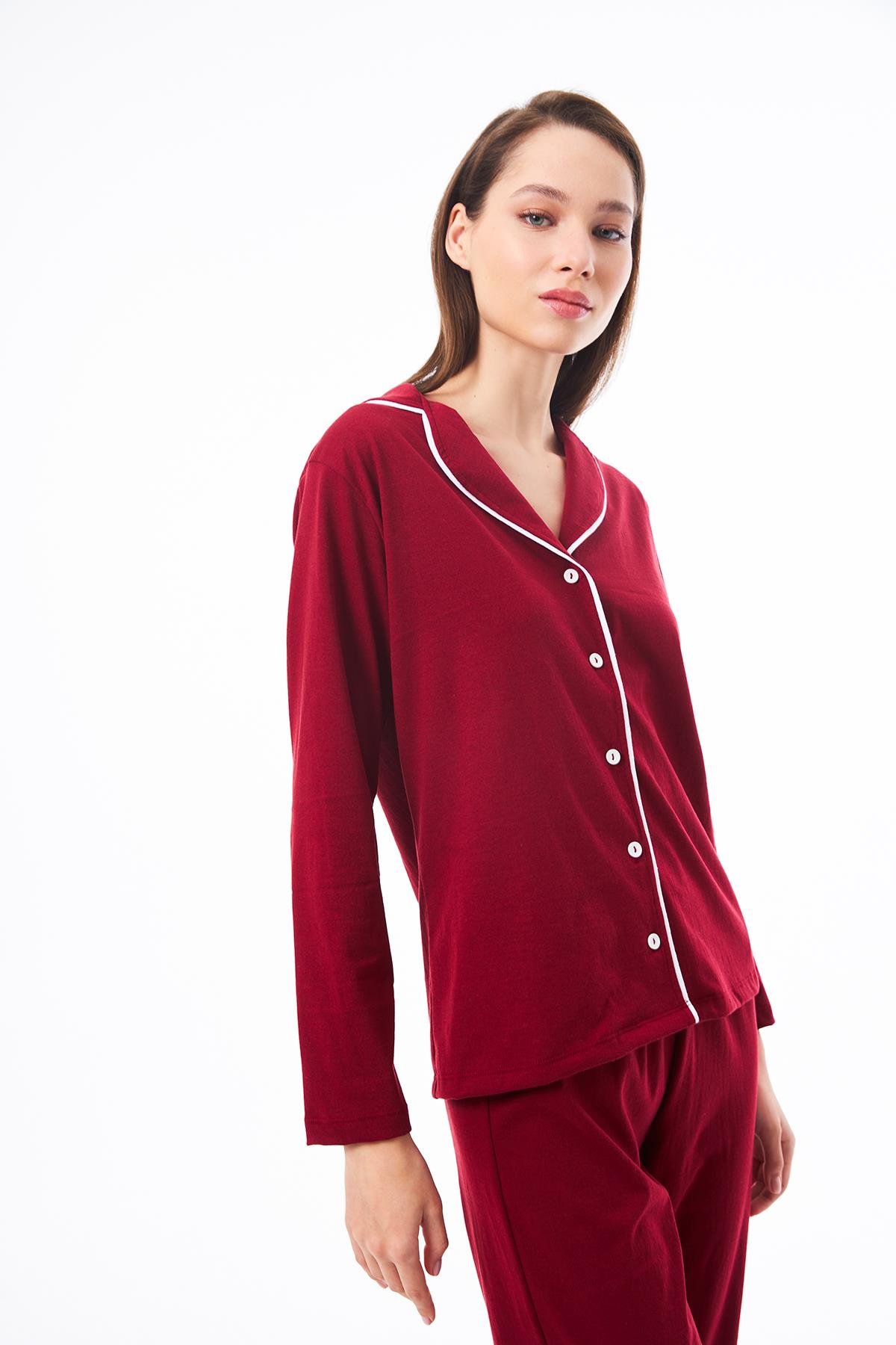 Bordo Önden Düğmeli Pamuklu Kadın Pijama Takımı