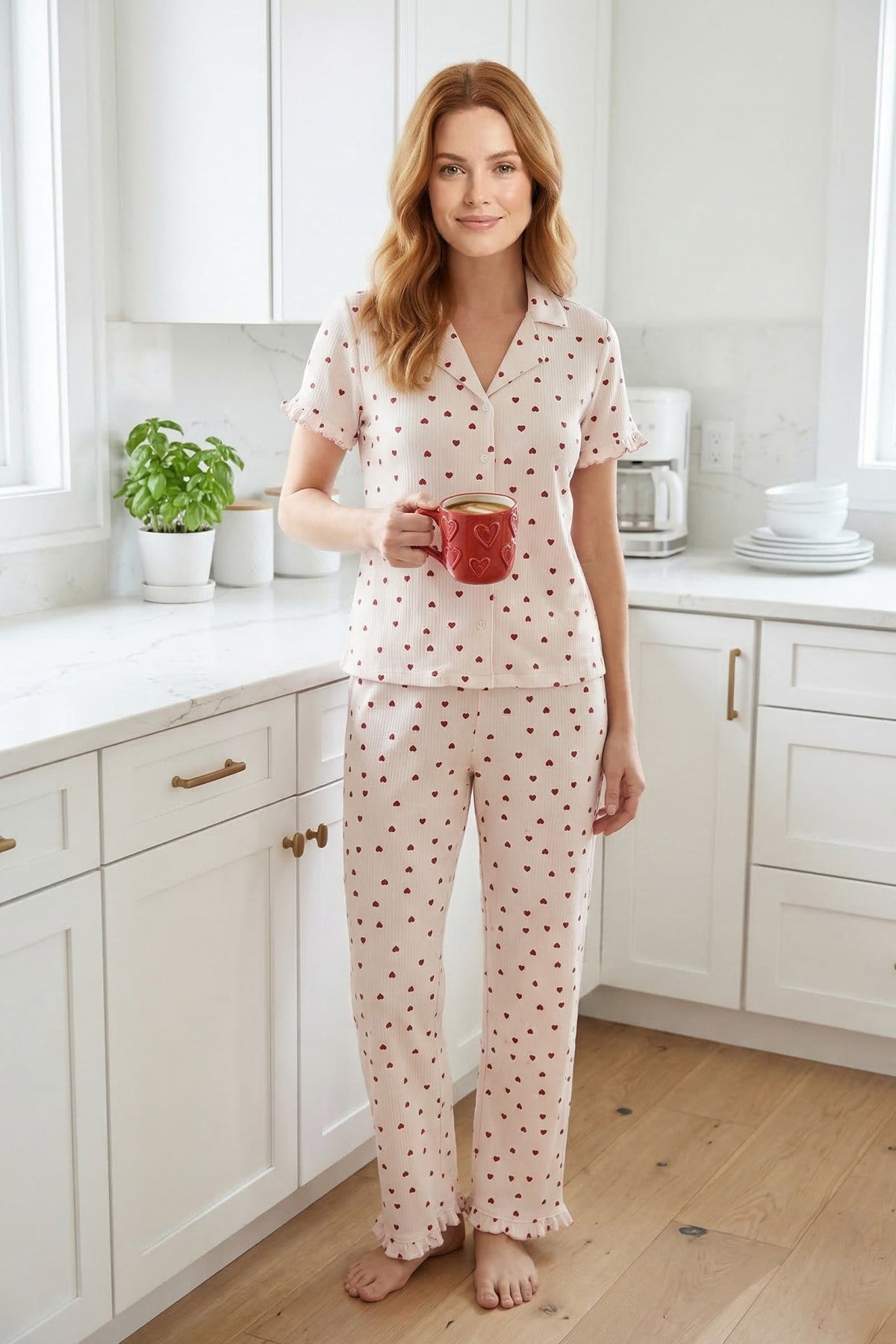 Krem Kalp Desenli Bürümcük Gömlek Yaka Kadın Pijama Takımı