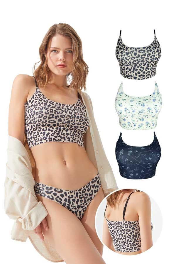 Ayarlanabilir Askılı Lazer Kesim Desenli Crop Büstiyer 3lü Paket