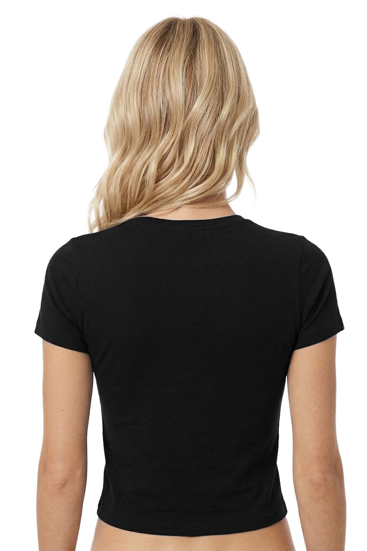 Siyah Viskon Bedene Oturan Bisiklet Yaka Kısa Kollu Kadın Crop Tişört