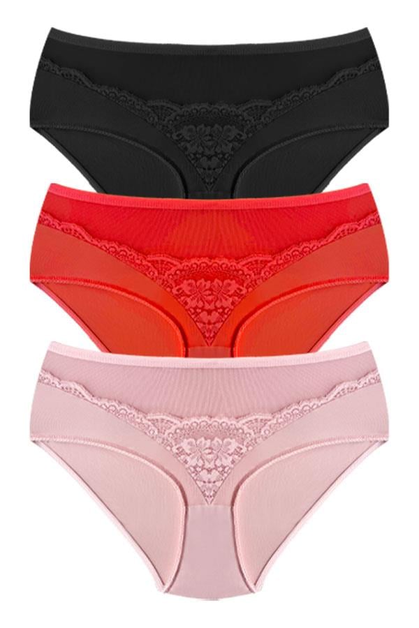 Transparan Tüllü Dantel Detaylı Beli Lastikli Büyük Beden Kadın Bikini Külot 3lü Paket