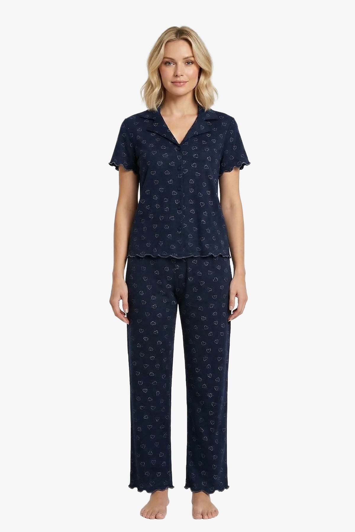 Lacivert Kalp Desenli Pointel Gömlek Yaka Kadın Pijama Takımı