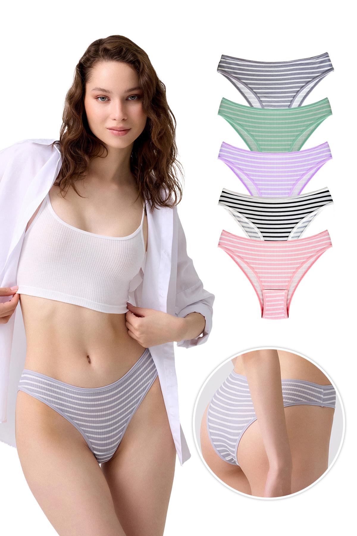 Pamuklu Çizgi Desenli Kaşkorse Kadın Brezilya Külot 5li Paket