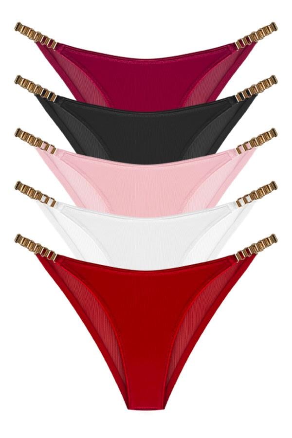 Tül Transparan Zincir Detaylı Kadın Brezilya Külot 5li Paket