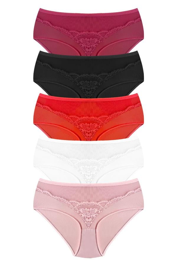 Transparan Tüllü Dantel Detaylı Beli Lastikli Büyük Beden Kadın Bikini Külot 5li Paket