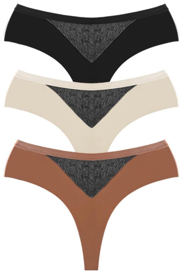 File Detaylı Beli Lastikli Lazer Kesim Büyük Beden Kadın Tanga Külot 3lü Paket