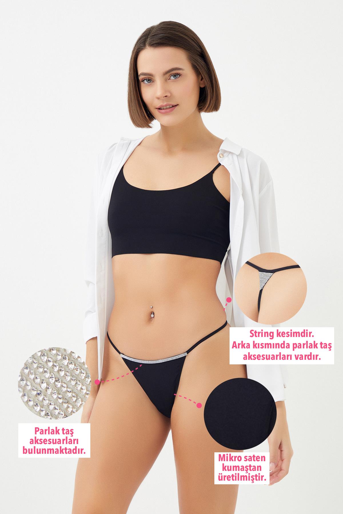 Mikro Saten Ön ve Arka Taş Detaylı Kadın String Külot 4lü Paket