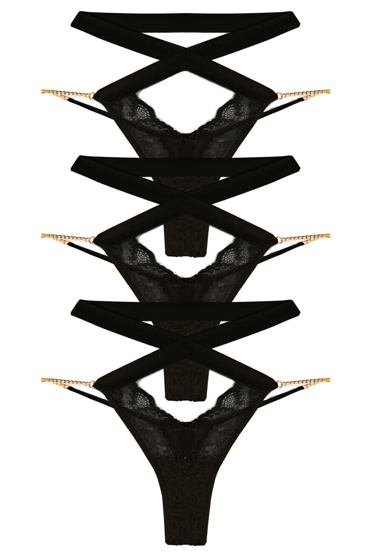 Dantelli Zincir Detaylı Kadın Tanga Külot 3lü Paket