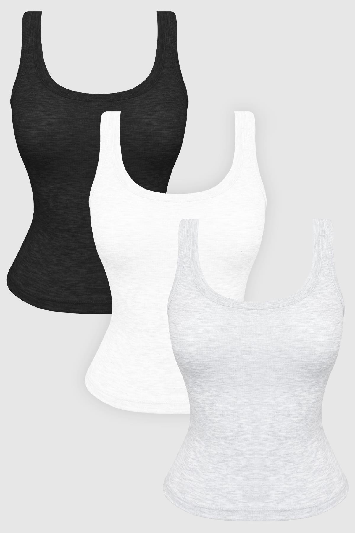 Pamuklu Kalın Askılı Fitilli Kadın Atlet 3lü Paket