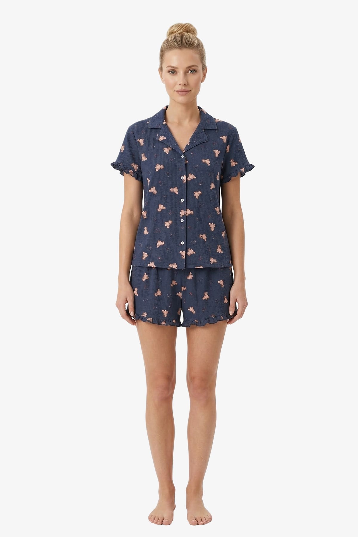 Lacivert Ayıcık Desenli Bürümcük Gömlek Yaka Kadın Şortlu Pijama Takımı