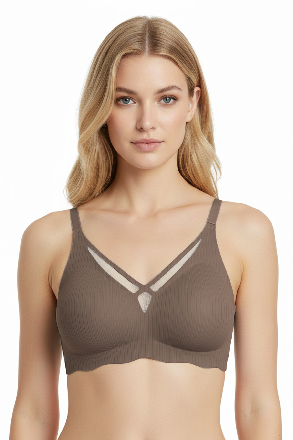 Seamless Bra - Liny | Kahverengi Lazer Kesim Dikişsiz Çizgi Desenli Dekolteli Kadın Sütyen