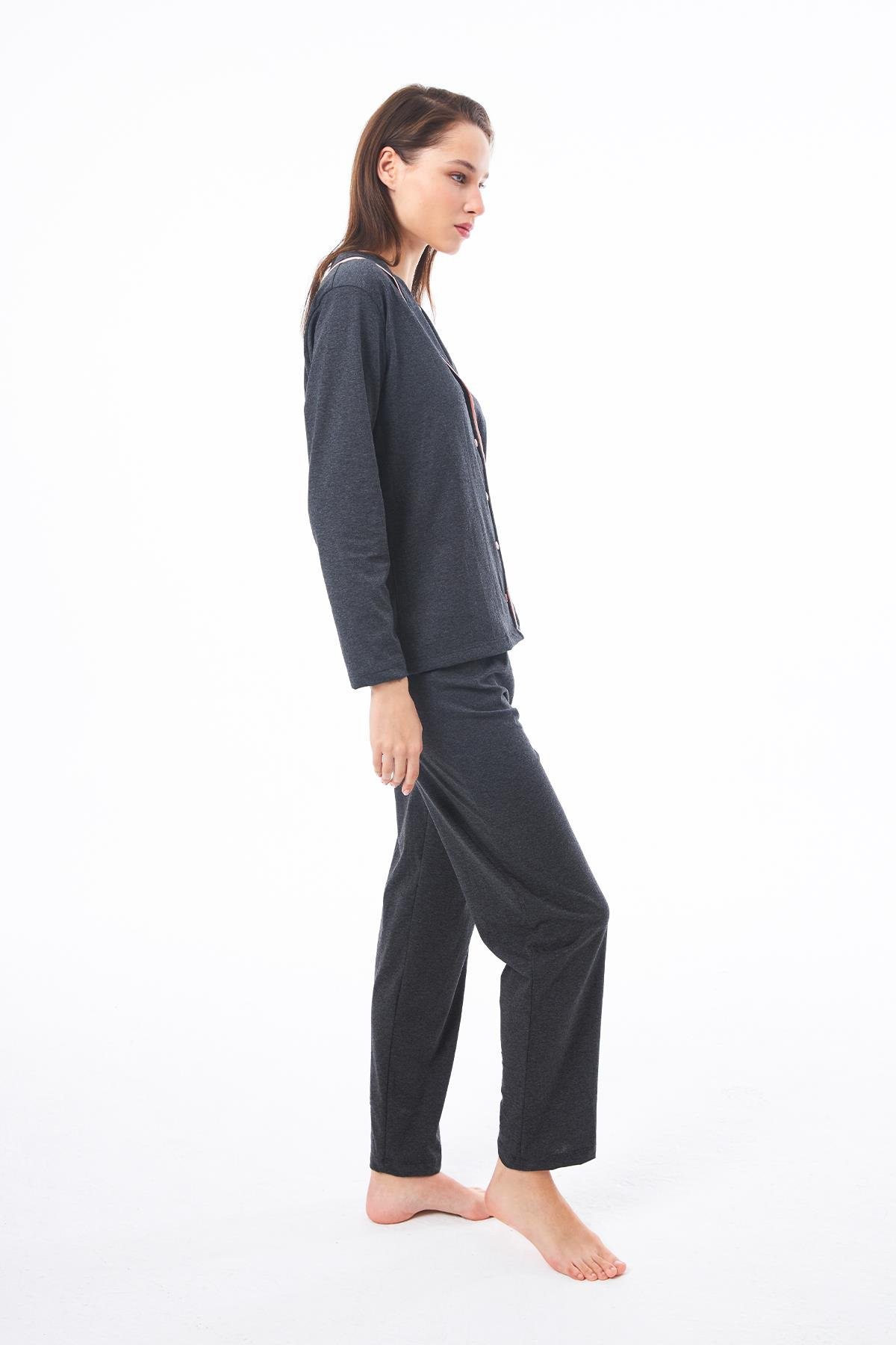 Antrasit Önden Düğmeli Pamuklu Kadın Pijama Takımı