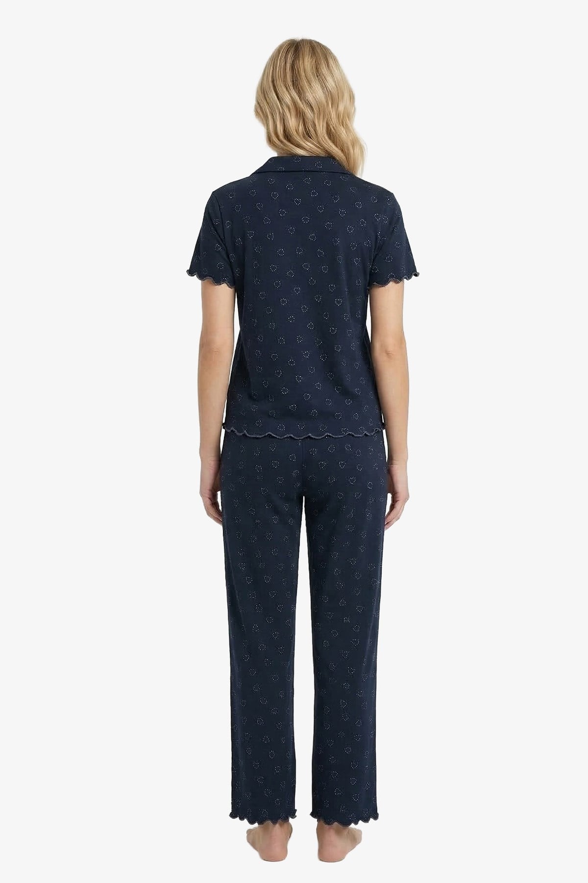 Lacivert Kalp Desenli Pointel Gömlek Yaka Kadın Pijama Takımı